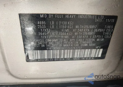 2016 Subaru Outback 2.5I Premium из США, поврежденный, VIN 4S4BSACC2G3263237